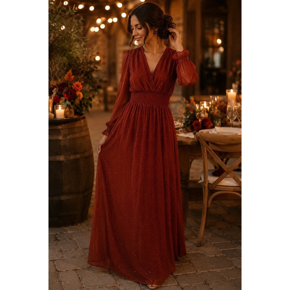 Baltic Born M Rust Burgundy Shimmer Maxi Dress Long Sleeve Smocked Waist Surplic